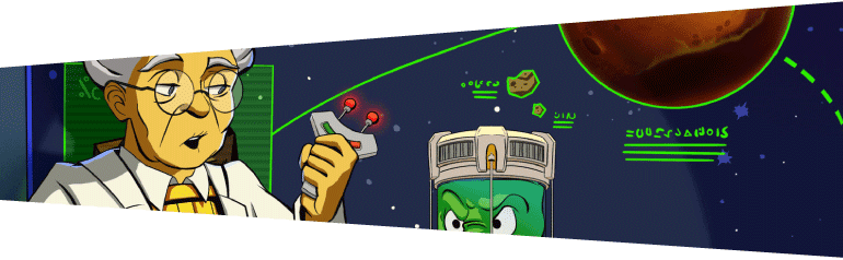 Chex Quest Hero with scientist and flemoid cartoons