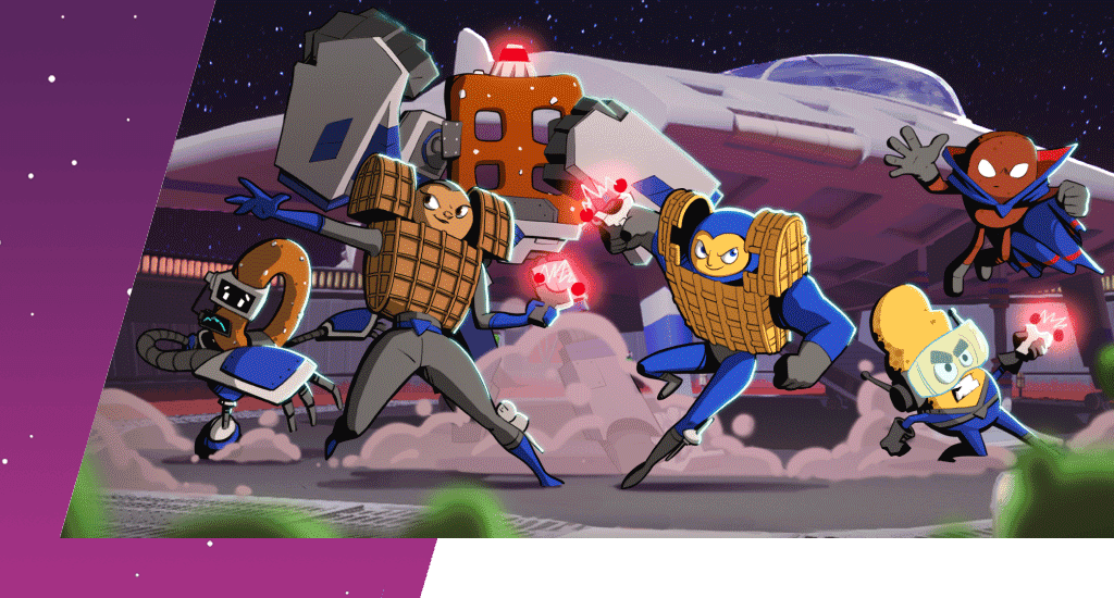 Chex Mix Squadron cartoon characters posed in battle.