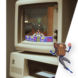 Old computer with original Chex Quest Video Game playing and Wheatney Chexworth in the corner