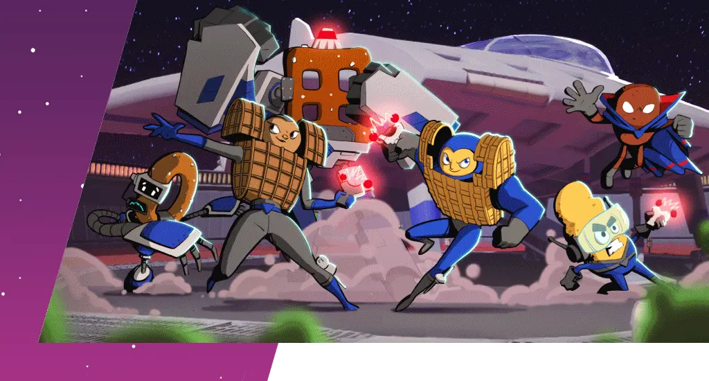 Chex Mix Squadron cartoon characters posed in battle.