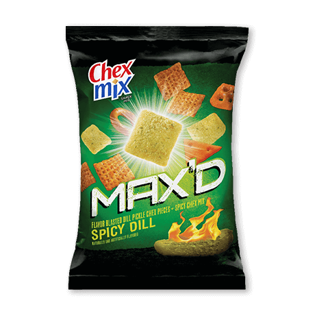 a bag of Max'd Spicy Dill Chex Mix