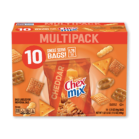 10-pack single serve bags, Chex Mix in Cheddar flavor, front of box