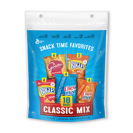 Variety pack, 18 count, Classic Mix, Gardetto's, Bugles in Nacho flavor, Bugles in original flavor, Chex Mix in traditional flavor, Chex Mix in Cheddar flavor, front of pack