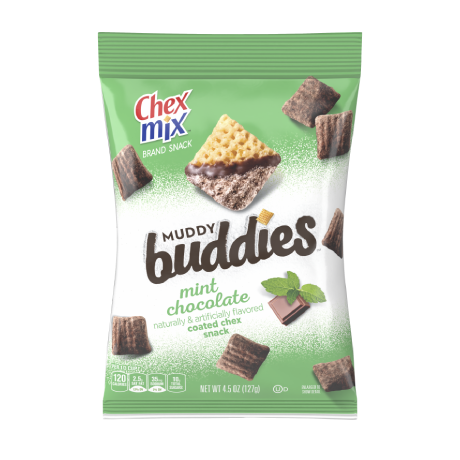 A bag of Mint Chocolate Muddy Buddies, front of pack