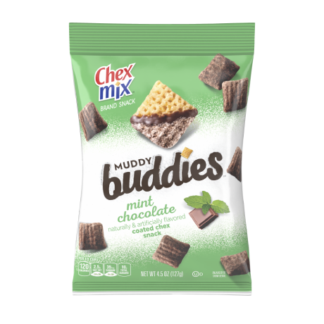 Chex Mix Muddy Buddies in Mint Chocolate coated Chex snack, front of pack