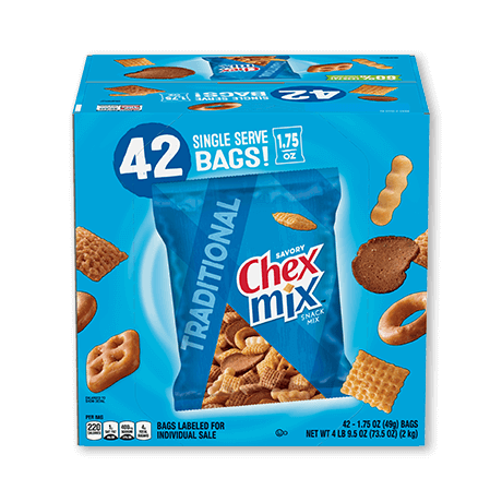 42-pack single serve bags, Chex Mix in Traditional flavor, front of box