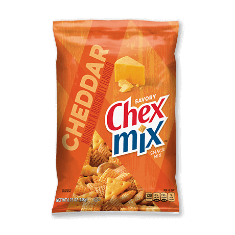 Chex Mix Savory in cheddar flavor, front of pack