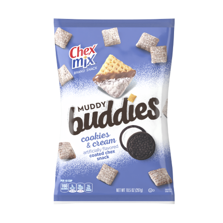 A bag of Cookies & Cream Muddy Buddies, front of pack