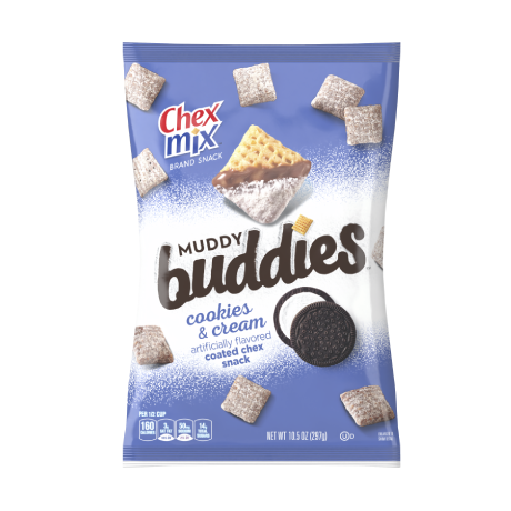 Chex Mix Muddy Buddies in Cookies & Cream coated Chex snack, front of pack