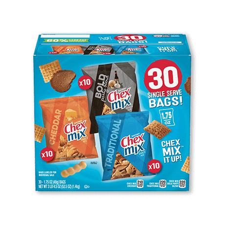 a box of 30 single serve Chex Mix products