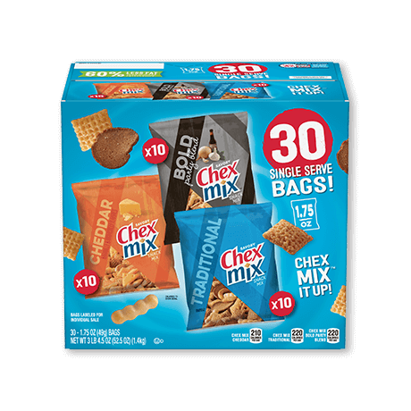 30-pack single serve bags, Chex Mix in Traditional flavor, Cheddar flavor, Bold Party Blend flavor, front of box