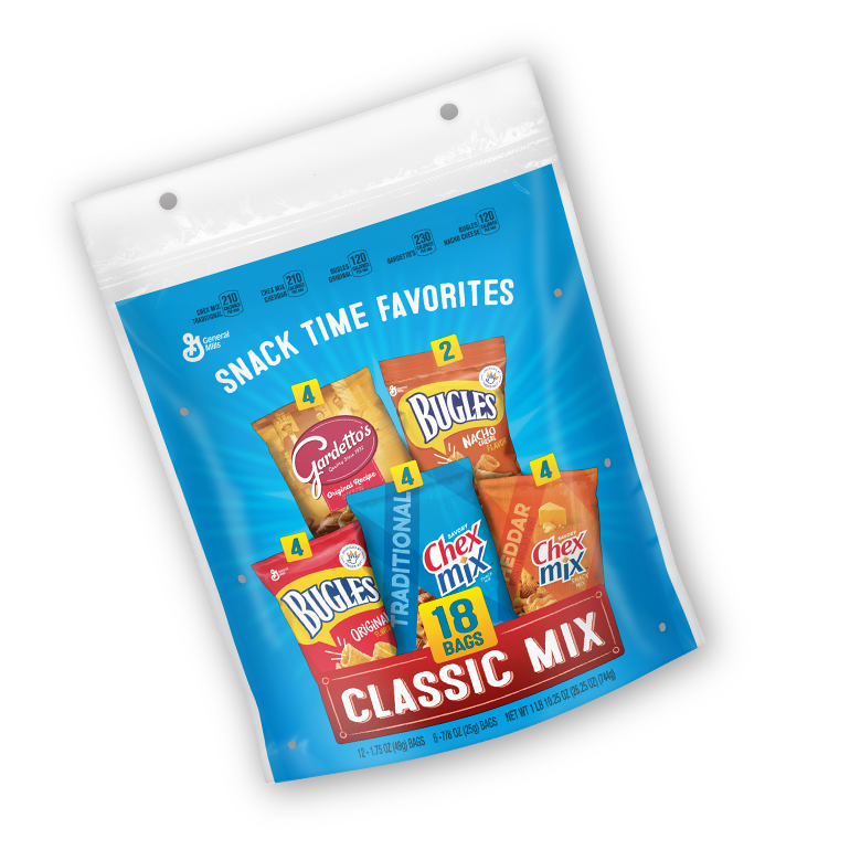 Variety pack, 18 count, Classic Mix, Gardetto's, Bugles in Nacho flavor, Bugles in original flavor, Chex Mix in traditional flavor, Chex Mix in Cheddar flavor, front of pack