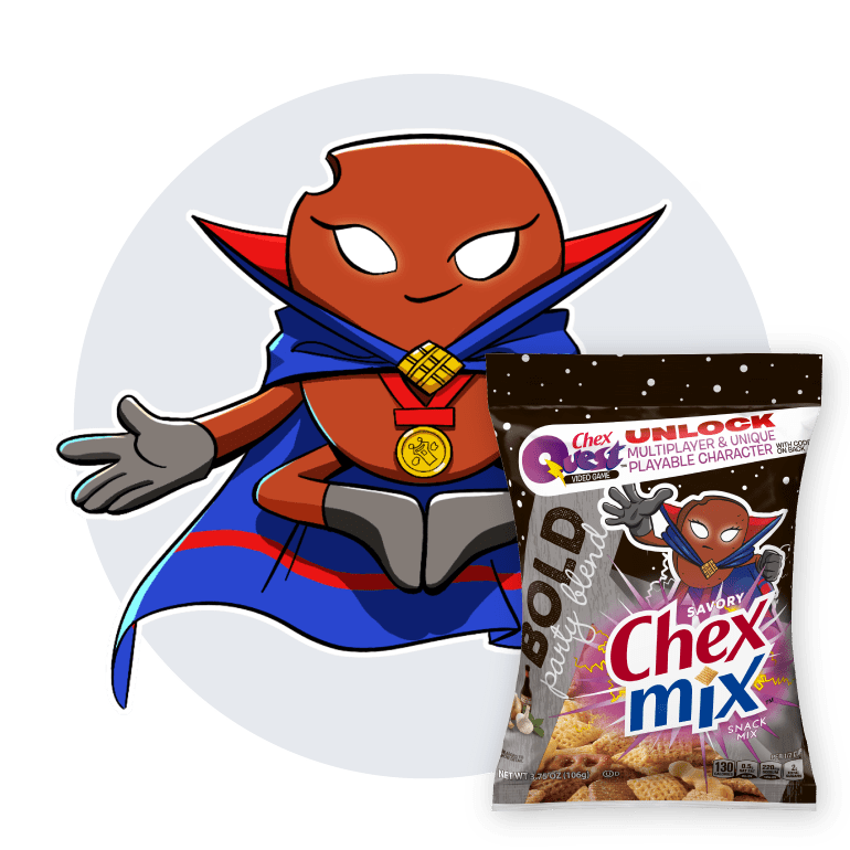 Chex Mix Squadron cartoon character, Dr. o Ryen, next to Chex Mix Savory in Bold Party Blend flavor, front of pack