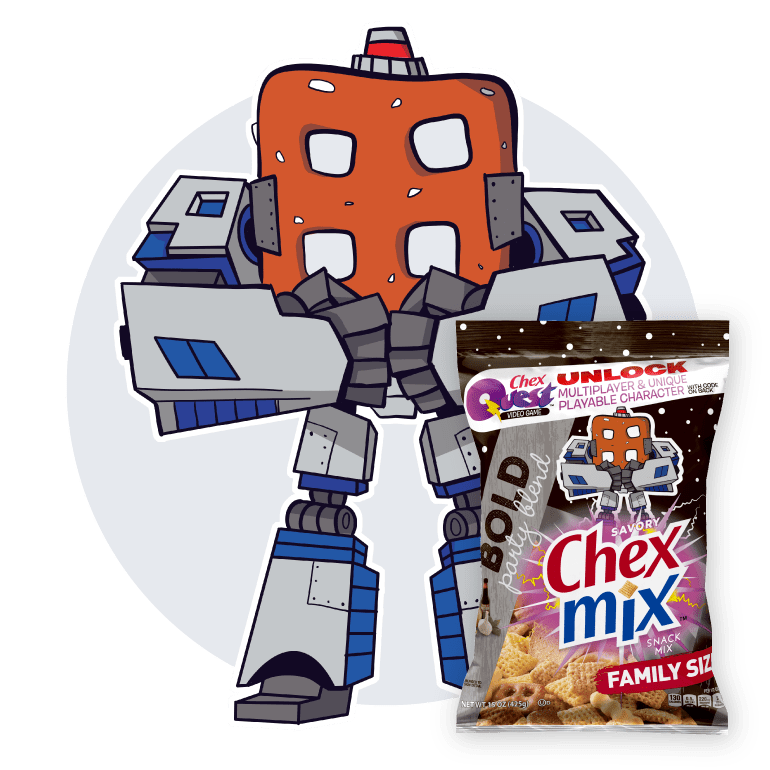 Chex Mix Squadron cartoon character, P.r.e.t.z.l, next to Chex Mix family size Savory in Bold Party Blend flavor, front of pack