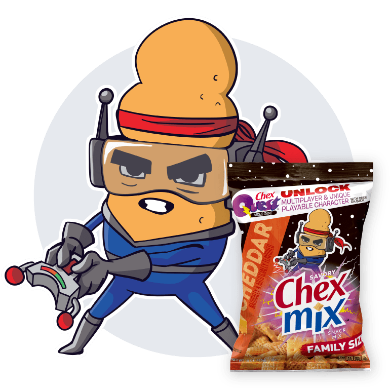 Chex Mix Squadron cartoon character, Shane ‘the dread’ Mcbread, next to Chex Mix Family Size Savory in Cheddar Flavor, front of pack