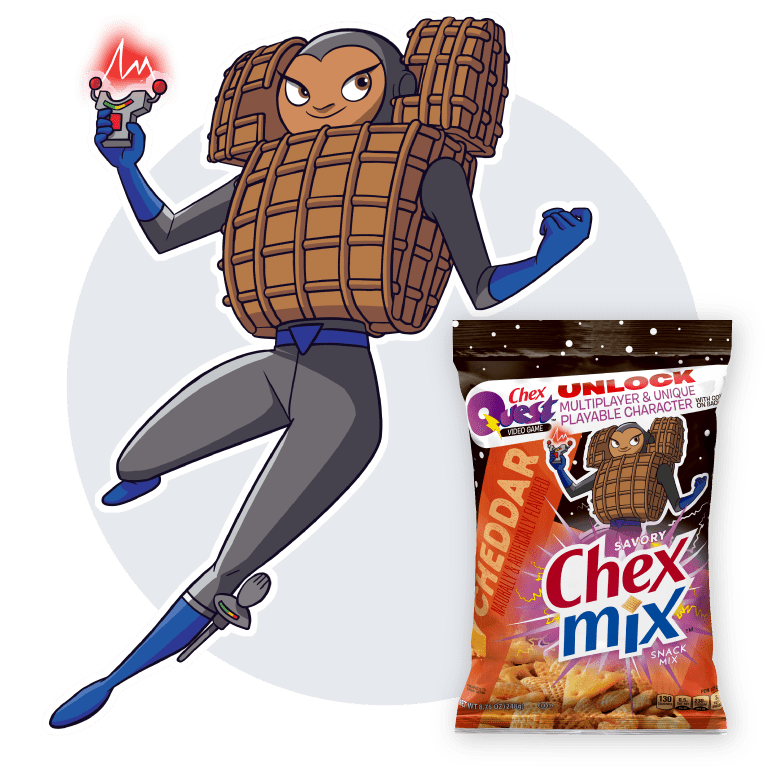 Chex Mix Squadron cartoon character, Wheatney Chexworth, next to Chex Mix Savory in Cheddar flavor, front of pack