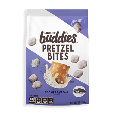 Muddy Buddies Pretzel bites in cookies & cream flavor, front of pack