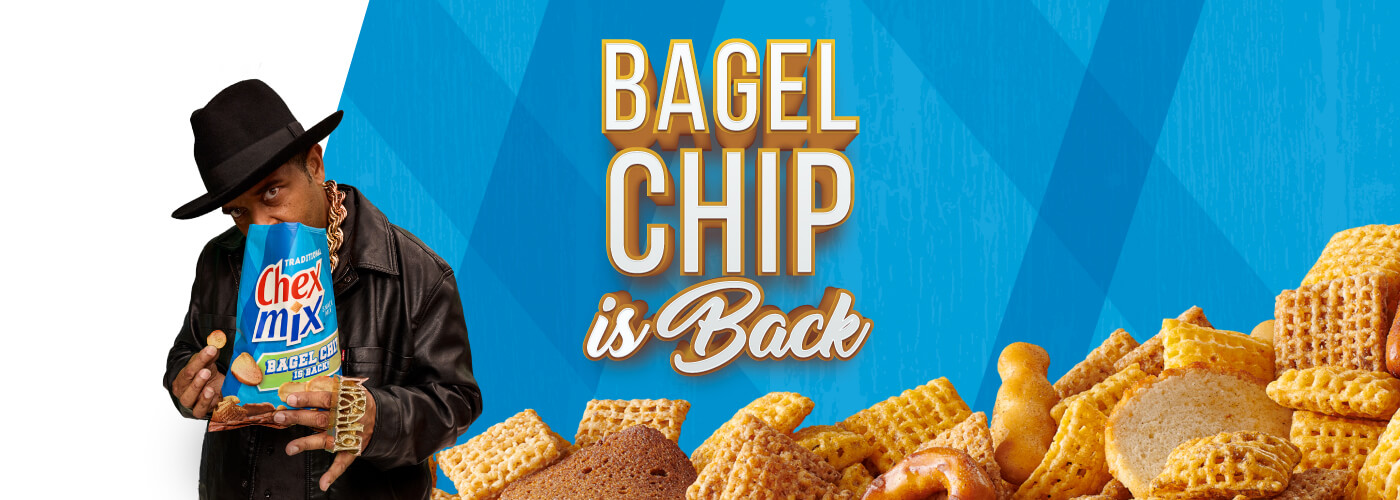 Sir Mix-a-lot- smelling a bag of Traditional Chex Mix with text reading, "Bagel Chip is Back" on a blue background
