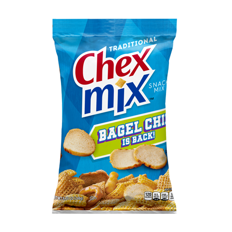 ChexMix Traditional flavor, Bagle Chip is back, front facing pack shot