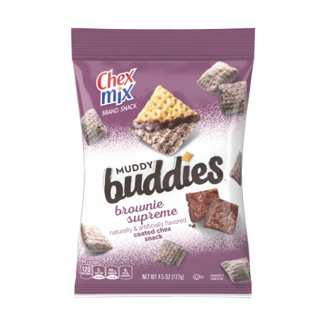 A bag of Brownie Supreme Muddy Buddies, front of pack
