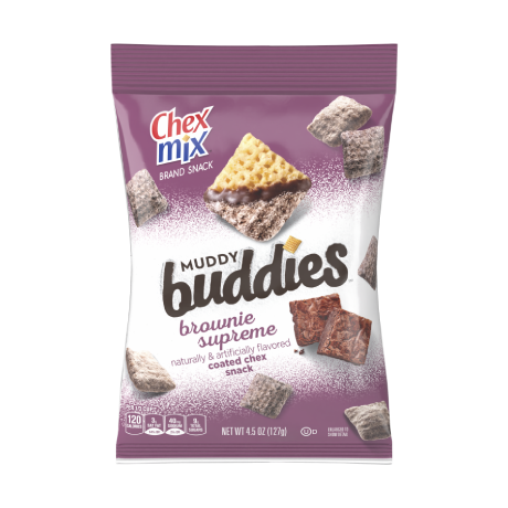 Chex Mix Muddy Buddies in Brownie Supreme coated Chex snack, front of pack