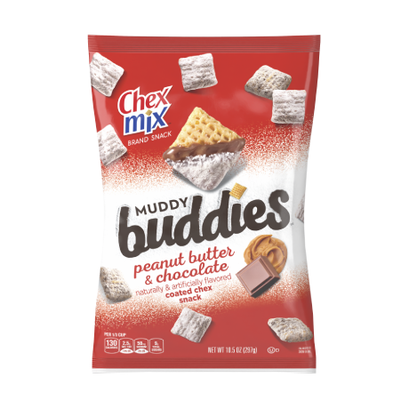 A bag of Peanut Butter & Chocolate Muddy Buddies, front of pack