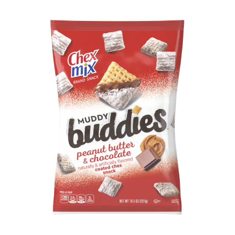 Chex Mix Muddy Buddies in peanut butter and chocolate coated Chex snack, front of pack