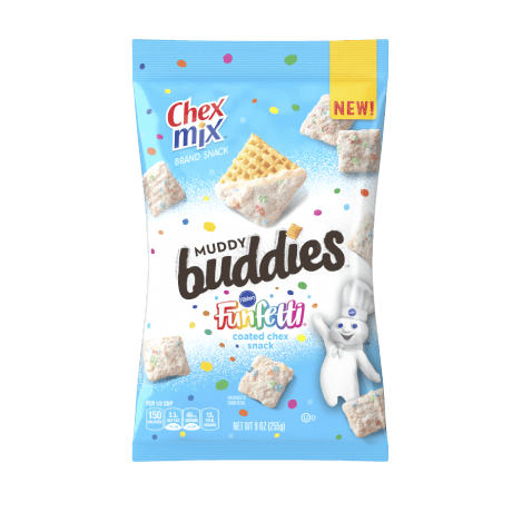 Chex Mix Muddy Buddies in Pillsbury Funfetti coated Chex snack, front of pack